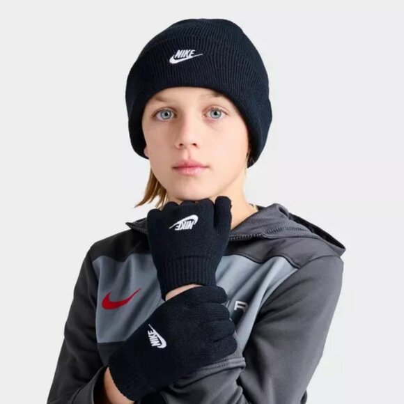 Nike KIDS Cuff Beanie Hat & Gloves 2 Piece Set - Black Size 4/7 FREE SHIP $24 - Picture 4 of 5